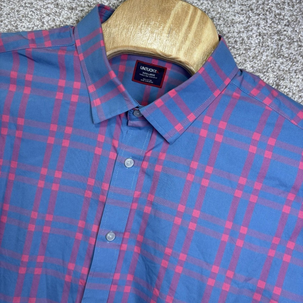 UNTUCKit Shirt Mens 3XL Blue Pink Plaid Wrinkle Free Regular Fit Button-Up